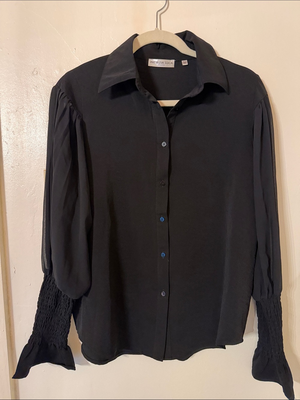 Patrizia Luca Black Button-Front Puff Sleeve Shirt
